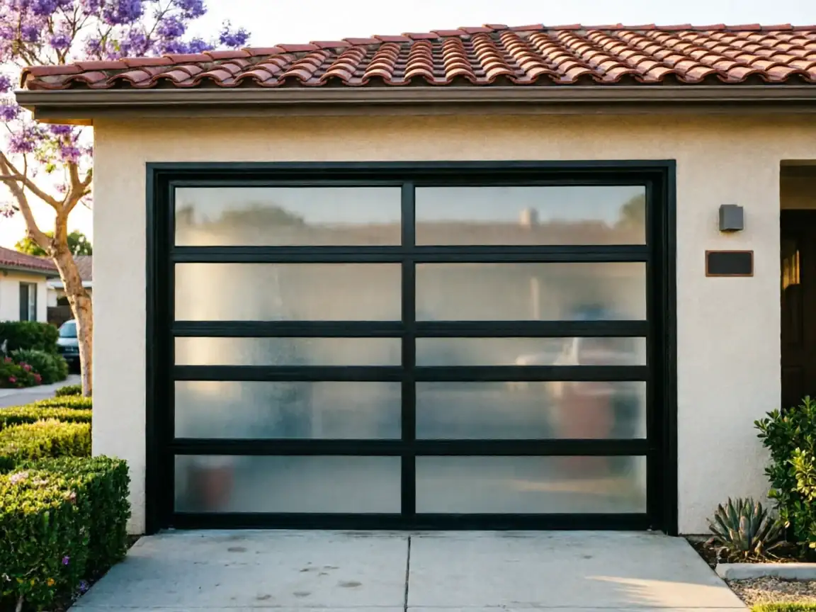 A modern garage door with frosted glass panels on a stucco house.